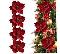 Hperu Velvet Christmas Ornaments 4Pcs Red Artificial Glitter Elegant Magnolia Flowers for Christmas Tree Home Wedding Party- Velvet Ornaments