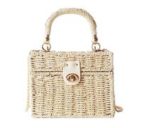 Hperu Women's Beige Vintage Bohemian Square Straw Handbag with Top Handle and Chain Shoulder Strap, 18.5x14.5x11 cm/7.28x5.71x4.33 inch, All Seasons