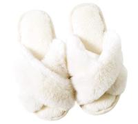 Hpfulseazn Women's Cross Band Slippers Fuzzy Memory Foam Slippers Cozy House Shoes Open Toe Fluffy Home Shoes Indoor Outdoor Slip On Warm Breathable(White,UK7-8)