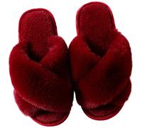 Hpfulseazn Women's Cross Band Slippers Fuzzy Memory Foam Slippers Cozy House Shoes Open Toe Fluffy Home Shoes Indoor Outdoor Slip On Warm Breathable(Wine Red,UK3-4)