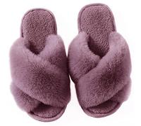 Hpfulseazn Women's Cross Band Slippers Fuzzy Memory Foam Slippers Cozy House Shoes Open Toe Fluffy Home Shoes Indoor Outdoor Slip On Warm Breathable(Purple,UK7-8)