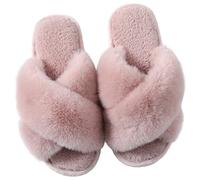 Hpfulseazn Women's Cross Band Slippers Fuzzy Memory Foam Slippers Cozy House Shoes Open Toe Fluffy Home Shoes Indoor Outdoor Slip On Warm Breathable(Pink,UK9-10)