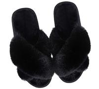 Hpfulseazn Women's Cross Band Slippers Fuzzy Memory Foam Slippers Cozy House Shoes Open Toe Fluffy Home Shoes Indoor Outdoor Slip On Warm Breathable(Black,UK9-10)