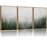 HPINUB Misty Green Forest Framed Canvas Wall Art Set, Nature Scenery Modern Wall Decor, Foggy Mountain Wall Painting, Woodland Landscape Nursery Art Print for Living Room, Bedroom, Office - 16"x24"x3