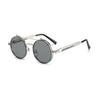 HPIRME Vintage Steampunk Flip Sunglasses Retro Round Metal Frame Double Beam Men Women Punk(Silver Grey)