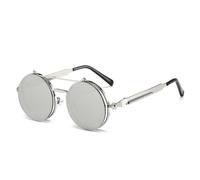 HPIRME Vintage Steampunk Flip Sunglasses Retro Round Metal Frame Double Beam Men Women Punk(Silver Mercury)