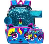 HPJGD 3PCS Backpack for Girls, Kids Sequins Bookbag Set with Lunch Box, Cute Elementary School Bag for Preschool Toddler, Lovely Blue Unicorn, One Size, Sequin Blue Unicorn