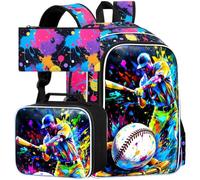 HPJGD 3PCS Baseball Backpack for Boys, Water Resistant Kids Bookbag Set with Lunch Box, Cool School Bag for Middle Elementary - Spray-painted Baseball Player