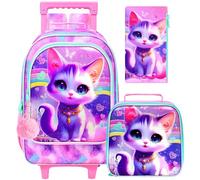 HPJGD 3PCS Cat Rolling Backpack for Girls, Kids School Backpacks with Wheels, Water Resistant UV Printed Roller Wheeled Bookbag Set, UV Priting Gold-Chained Cat Rolling Backpack Pink, One Size, Uv