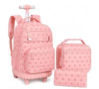 HPJGD 3PCS Dinosaur Rolling Backpack for Boys, Kids School Backpacks with Wheels, Water Resistant Roller Wheeled Bookbag Set with Lunch Box, Pink Star Rolling Backpack Set, One Size