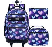 HPJGD 3PCS Dinosaur Rolling Backpack for Boys, Kids School Backpacks with Wheels, Water Resistant Roller Wheeled Bookbag Set with Lunch Box, Purple Love Rolling Set, One Size, Purple Love Rolling Set