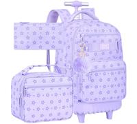 HPJGD 3PCS Dinosaur Rolling Backpack for Boys, Kids School Backpacks with Wheels, Water Resistant Roller Wheeled Bookbag Set with Lunch Box, Purple Star Rolling Backpack Set, One Size
