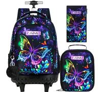 HPJGD 3PCS Rolling Backpack for Girls, Womens Butterfly School Backpacks with Wheels, Water Resistant Roller Kids Wheeled Bookbag Set with Lunch Box, Black Butterfly Rolling Set, One Size, 3pc