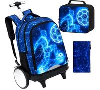HPJGD Big-Wheel Rolling Backpack for Boys with Lunch Box & Pencil Case - 3-Pack Travel Set Featuring Tech-Style Soccer Player Design, Water-Resistant & Reflective Wheeled Bookbag for School/Trips