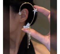 HPKJUYDS Flower Bloom Star Tassel Earrings, Long Sparkling Zircon No Piercing Flower Ear Clip, Wrap Flower Bloom Tassel Ear Cuff Earrings Clip Jewelry Gifts for Women Girls (Golden,Left)