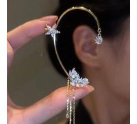 HPKJUYDS Flower Bloom Star Tassel Earrings, Long Sparkling Zircon No Piercing Flower Ear Clip, Wrap Flower Bloom Tassel Ear Cuff Earrings Clip Jewelry Gifts for Women Girls (Golden,Right)