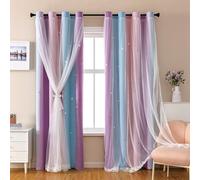 HpLive 1 x blackout curtains for girls room with rainbow colour gradient and star pattern, starry sky princess curtain with lace trim, 132 x 160 cm (C)