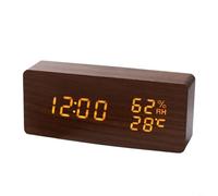 HpLive Digital Alarm Clock, LED Wooden Digital Wireless Alarm Clock with Voice Control, Temperature and Humidity Display, Adjustable Brightness (B)