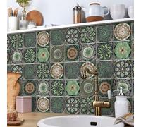 HpLive Pack of 24 Tile Stickers, PVC Tile Stickers, Green Mandala Style Tile Stickers, Self-Adhesive, Waterproof Wall Stickers for Kitchen, Bathroom Decoration (20 cm)