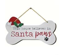 HpLive Wooden Christmas Tree Decoration Bone Shape with Santa Hat and Paw Motif, Dog Lover Decoration for Tree Window or Table