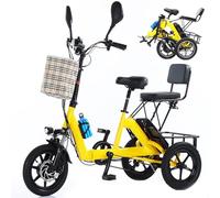 HpLNDas Folding Electric Power Tricycle for Adults, 14 Inch Three Wheel Electric Trike With Passenger Seat/Big Basket, Foldable Bicycle, 48V 10.AH Lithium Battery, Max Load: 180KG Yellow