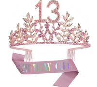 HPMAISON 13th Birthday Decorations 13th Birthday Gifts for Girls Birthday Tiara &13th Birthday Sash Birthday Cake Topper Pink Rhinestone Crown Headband with Combs Teenager Party Costume Accessories
