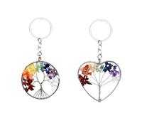 HPMAISON 2 Pack Tree of Life Keyring 7 Chakras Healing Crystal Friendship Gifts for Women Mothers Day Gifts Metal Keychains Colorful Natural Stone Car Keyring Round and Heart Pattern Bag Pendant
