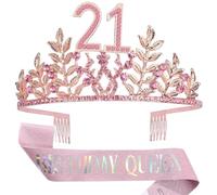HPMAISON 21st Birthday Crown with Combs & A Pink Sash Rhinestone Headband Princess Tiara Women Cake Topper Party Costume Accessories Tiara and Belt for 21st Birthday Party Present