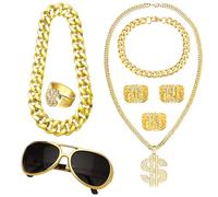 HPMAISON 4 Pieces Hip Hop Punk Costume Kit 80s/90s Metal Rapper Sunglasses and Rings Necklace Bracelet Gold Chain Disco Cosplay Outfit for Men Women Fancy Dress Party Accessories Halloween