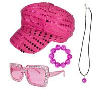 HPMAISON 4Pcs Abba Accessories Sequin Hat 70s Disco Fancy Dress Accessories Abba Fancy Dress Costume Women Rose Red Glitter Hat Sunglasses Bracelet Necklace for Disco Dance Birthday Party Outfits