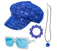 HPMAISON 4Pcs Abba Accessories Sequin Hat Fancy Dress Costume 70s Disco Fancy Dress Accessories Women Blue Glitter Abba Hat Sunglasses Bracelet Necklace for Disco Dance Birthday Party Outfits