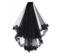 HPMAISON Black Lace Veil for Bride Wedding Cathedral Tulle Sheer Women Double Layered Long Veil with Comb for Halloween Ghost Bride Witch Wedding Costumes Party Dress Up 60 & 80 cm