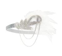 HPMAISON Feather headband 1920s Flapper Headband White Feather Headpiece Roaring 20s Costumes Gatsby Headpiece for Women Silver Beaded Tassel Vintage Fascinator Themed Party Halloween Costume