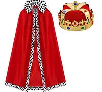 HPMAISON King Queen Fancy Dress Crown Hat with Adult Cape Set Prince Costume Tiara for Men Royal Outfits Red Cape and Headwear Cosplay Birthday Party Halloween Role Play