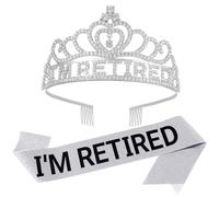 HPMAISON Silver Retired Tiara Crown and Sash Set - Retirement Gifts for Women - Happy Retirement Crystal Crown Ceremonial Sash - Silver Headpieces Hair Accessories - Cake Topper, Favors