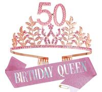 HPMAISON Women 50th Birthday Crown with Combs & A Pink Sash Rhinestone Headband Princess Tiara Cake Topper Party Costume Accessories Tiara and Belt for 50th Birthday Party Present