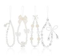 Hpmjz 4 Pcs Bow Phone Charms, Butterfly Phone Strap Cute Beaded Lanyard Aesthetic Cellphone Charms Universal White Wrist Straps Cellphone Pendant Keychain for Camera Wallet