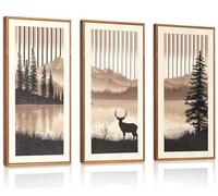 HPNIUB 3 Pcs Mountain Deer Wall Decor Rustic Forest Lake Wood Wall Art Wilderness Landscape Artwork Cabin Lodge Sepia Tone Wall Decor Minimalist Silhouette Art for Living Room Bedroom 20x40cm