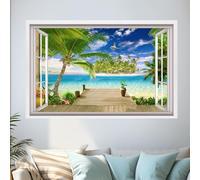 HPNIUB 3D Beach Wall Stickers,3D Sea View Wall Art for Living Room,Landscape Broken Wall Sticker,Beach Coconut Tree Wall Decal,Sea Scenery Wall Mural Sticker for Bedroom Bathroom Decor (Window4)