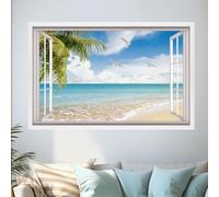 HPNIUB 3D Beach Wall Stickers,3D Sea View Wall Art for Living Room,Landscape Broken Wall Sticker,Beach Coconut Tree Wall Decal,Sea Scenery Wall Mural Sticker for Bedroom Bathroom Decor (Window1)