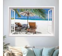 HPNIUB 3D Beach Wall Stickers,3D Sea View Wall Art for Living Room,Landscape Broken Wall Sticker,Beach Coconut Tree Wall Decal,Sea Scenery Wall Mural Sticker for Bedroom Bathroom Decor (Window3)