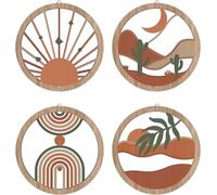 HPNIUB 4 Pcs Boho Wall Art Decor, Bohemian Geometric Hanging Wood Sign for Living Room, Aesthetic Abstract Desert Cactus, Minimalist Farmhouse Botanical Wooden Plaque for Apartment Bedroom(10''x10'')