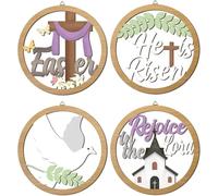 HPNIUB 4 Pcs Easter Wall Decor, He Is Risen Wooden Hanging Sign for Porch, Easter Religious Wood Cross Plaque, Christian Wall Art Jesus Wreath for Home Indoor Outdoor Spring(10''x10'')