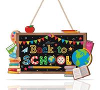 HPNIUB Back to School Wood Sign,Blackboard Welcome Door Sign,Classroom Wall Decor,First Day of School Wooden Plaque Book Globe Apple Pencile Decoration for Student Class Nursery Home Room