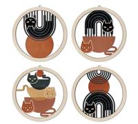 HPNIUB Boho Black Cat Wall Decor, Farmhouse line Geometric Coffee Tea Hanging Wooden Wall Art, 4 Pieces 10''x10'' Mid Century Abstract Sun Wood Sign for Nursery Bedroom Decoration, Lovely Cat Gifts