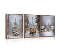 HPNIUB Christmas Santa Reindeer Framed Canvas Wall Art Set Sleigh Deer Winter Snow Forest Tree Wall Decor Wonderland Art Print Christmas Decorations for Living Room,Bedroom,Party 30x40cm