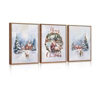 HPNIUB Christmas Santa Reindeer Framed Canvas Wall Art Set Sleigh Deer Winter Snow Forest Tree Wall Decor Wonderland Art Print Christmas Decorations for Living Room,Bedroom,Party 30x40cm
