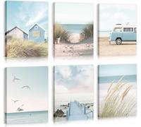 HPNIUB Coastal Beach Canvas Prints Blue Seaside Hut Van Wall Art 20x25cm
