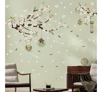 HPNIUB Flower Tree Branch Birds Wall Stickers White Floral Wall Art Cherry Blossom Decal Murals for Wall Bedroom Living Room Home Office Decoration 84 * 30cm