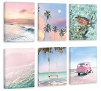 HPNIUB Framed Beach Canvas Wall Art, Tropical Summer Ocean Coastal Posters,Preppy Gallery Beach Room Decor,Coconut Tree Turtle Coastal Room Decor, California Beachy(20x25cm)